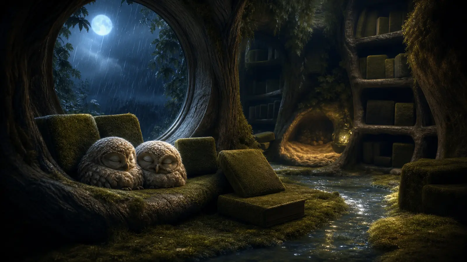 A root library with blank shelf shapes, a round moonlit rain window, and calm owlet-like creatures.