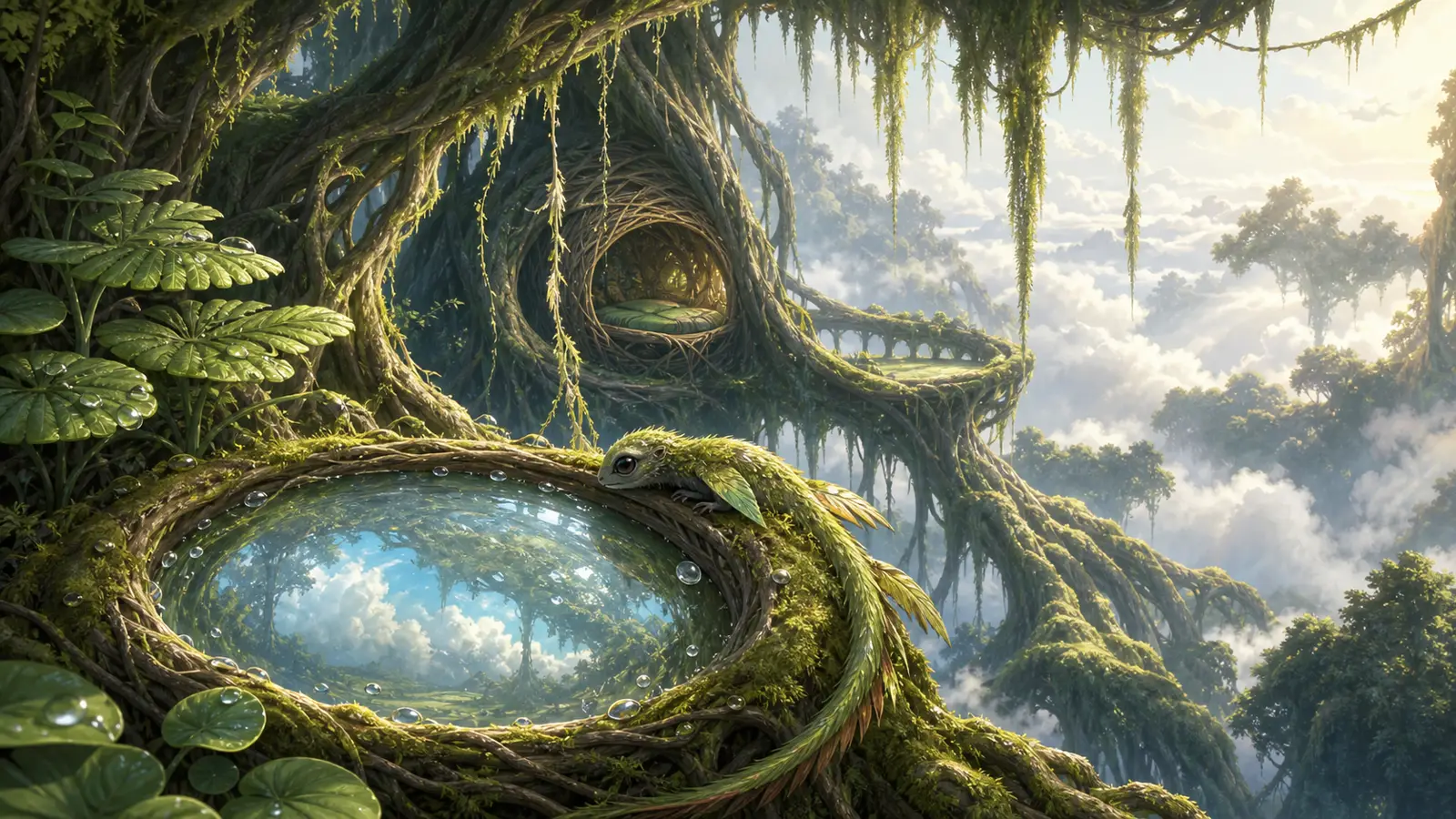 A high canopy observatory with a clear dew lens, hanging moss, cloud openings, and a moss glider creature.