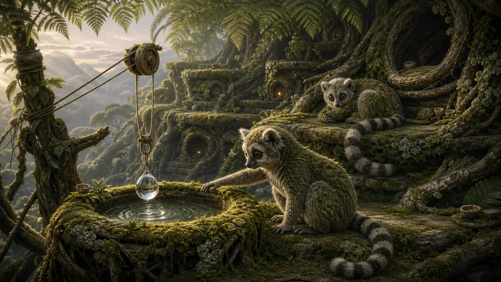 A mossy root terrace with a dew pulley, fern shade, basin water, and a small tending creature.