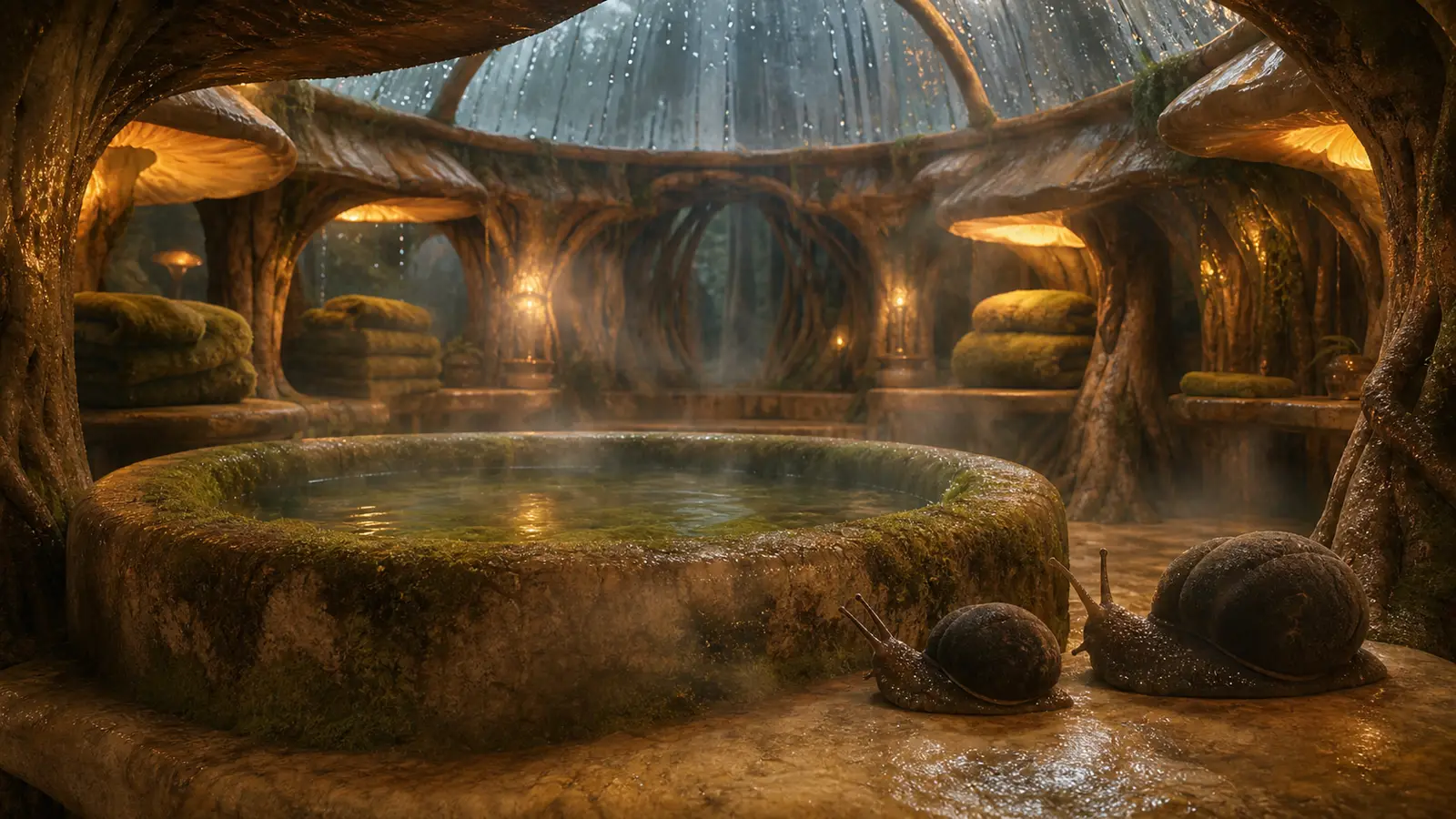 A warm moss bathhouse with round basins, glowcap eaves, steam, and small snail-like creatures.