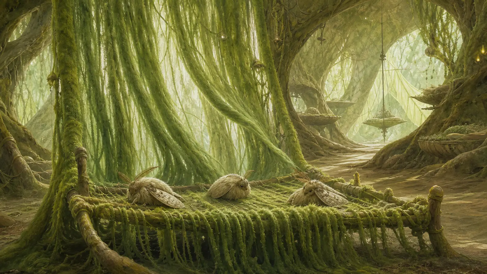 A root hall with long moss curtains, soft open arches, and resting moth-like creatures.