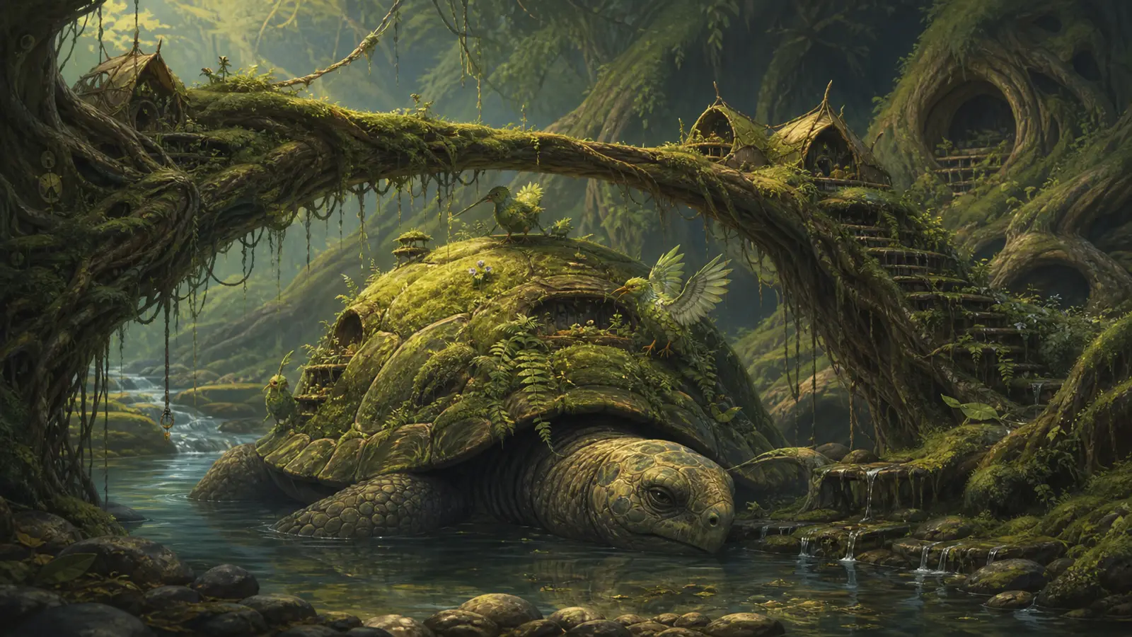 A giant moss-backed tortoise beneath a living root bridge with tiny shelters and fern birds.