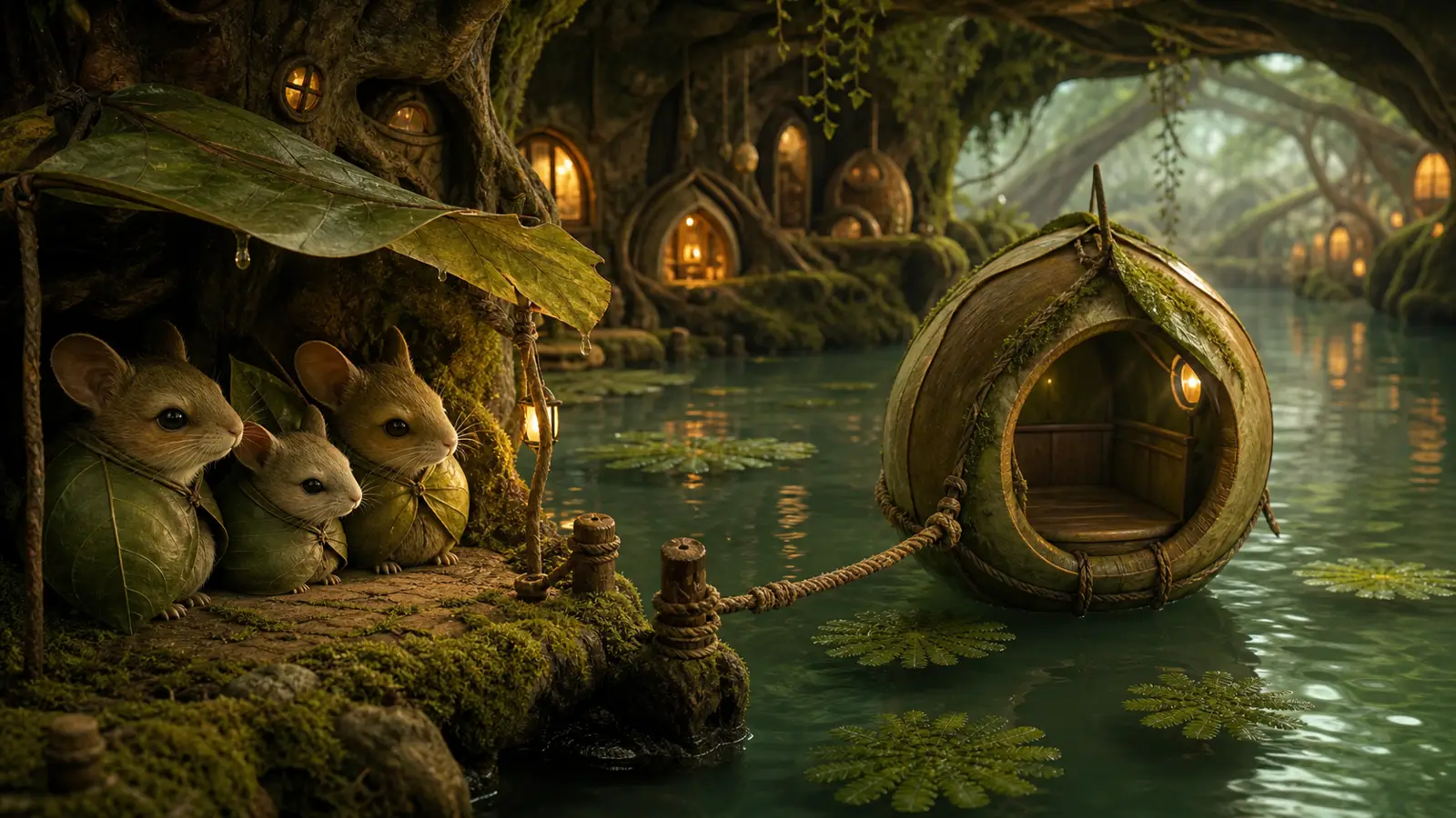A tiny root canal with a seedpod ferry, leaf awning, green water, and calm small creatures.