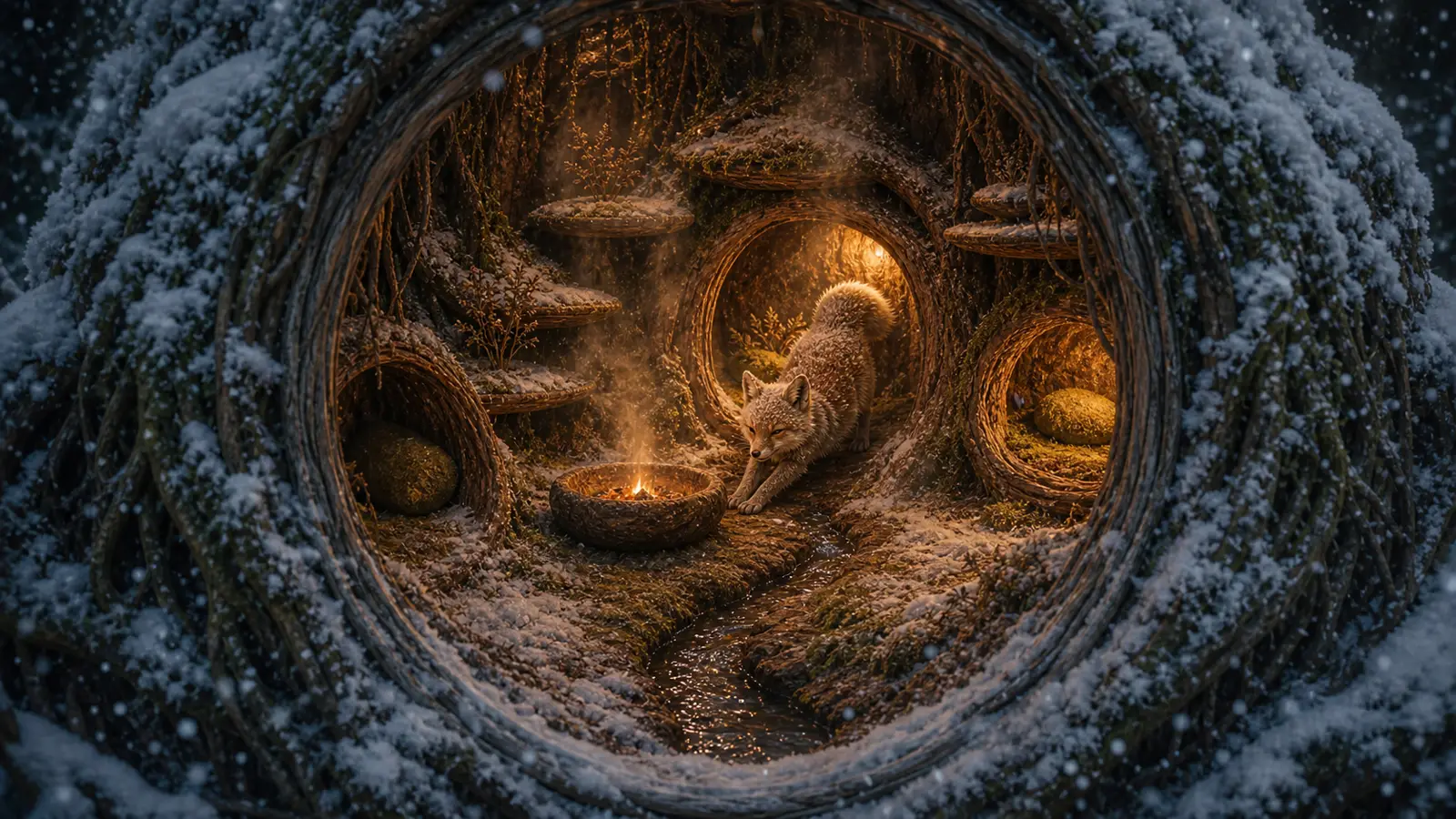 A snowy root hollow with warm amber alcoves, an ember bowl, meltwater, and a calm fox-like creature.