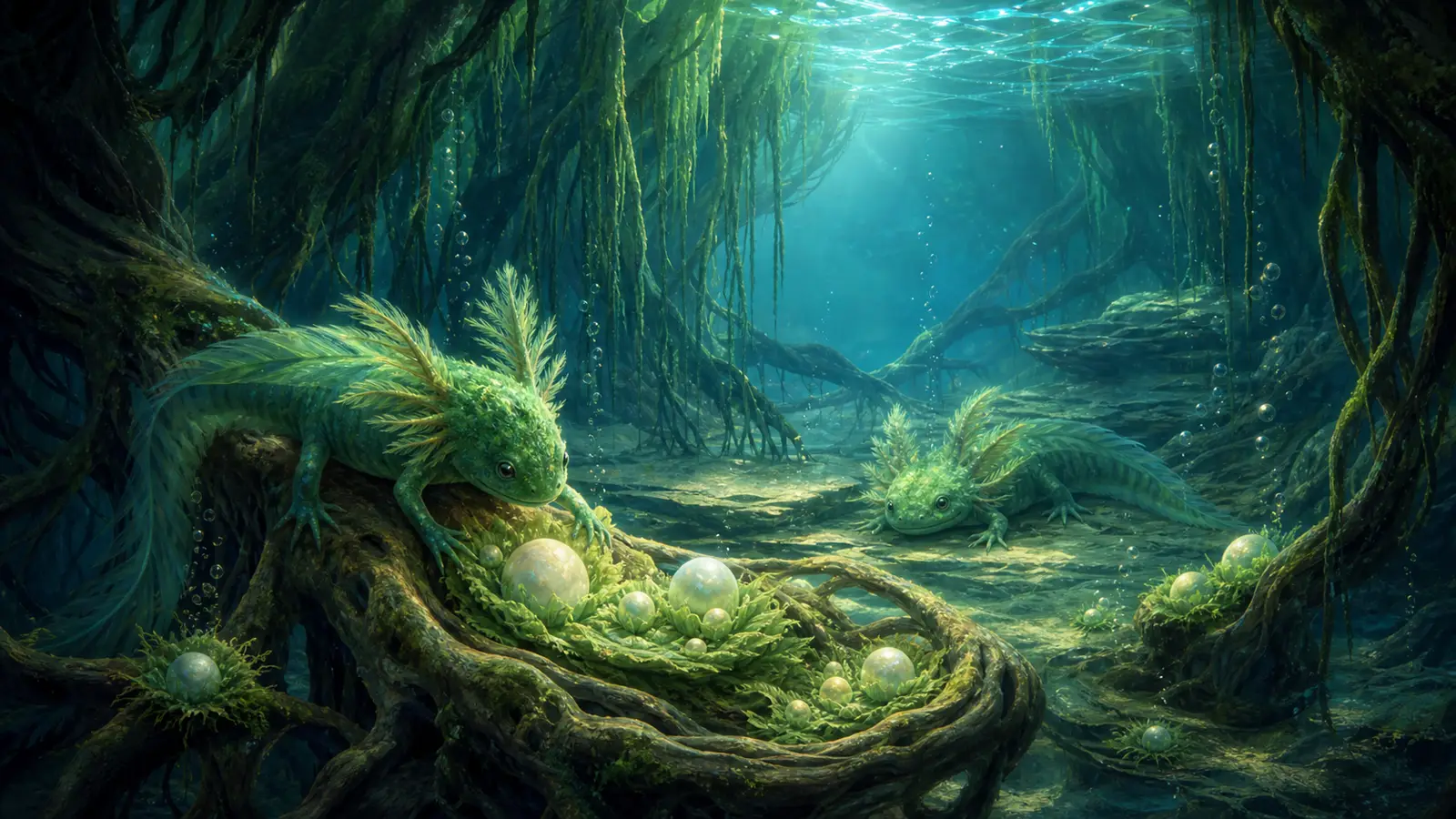 An underwater root garden with pearl moss, blue-green light, bubble columns, and small newt-like creatures.